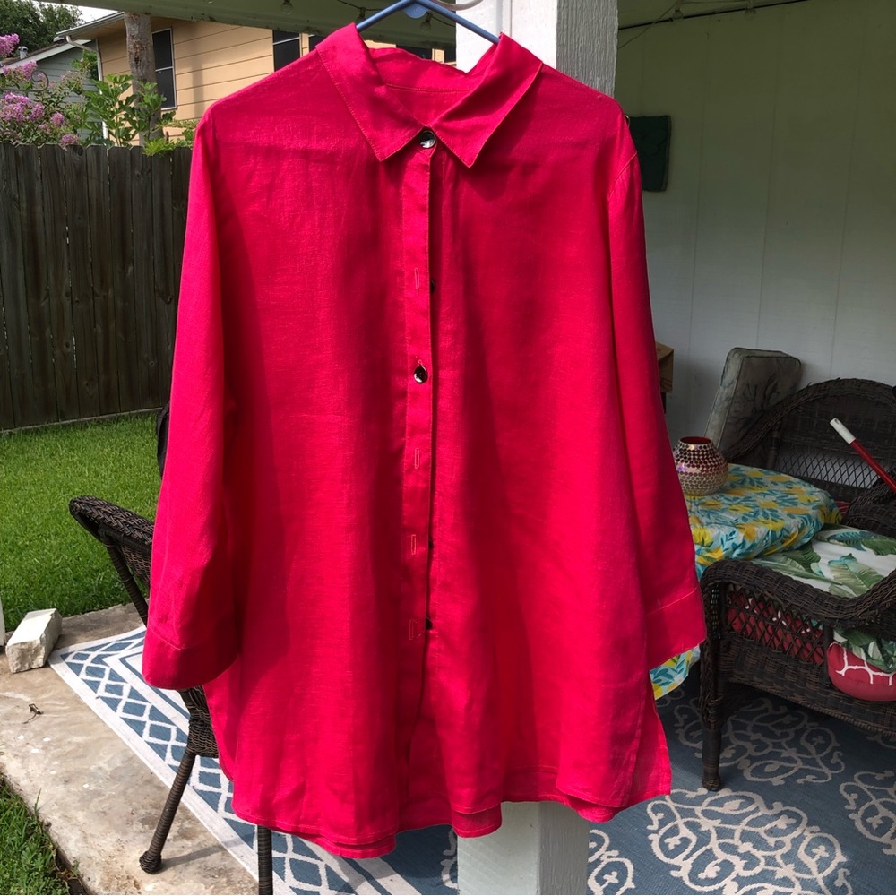 Caroline Rose pink linen button down shirt 1X